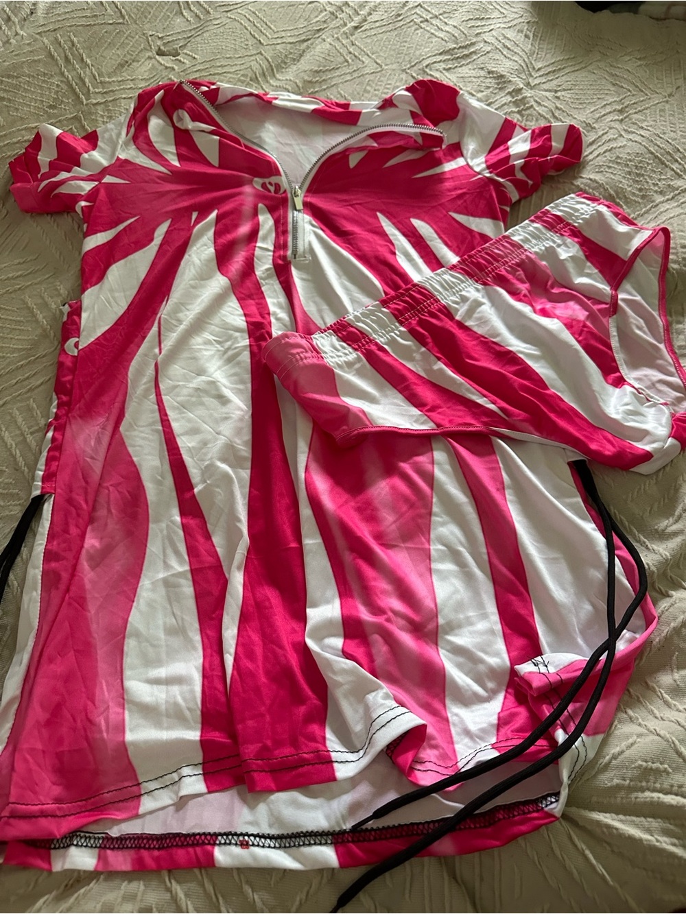 Pink & White Striped Swimsuit with Waist Tie